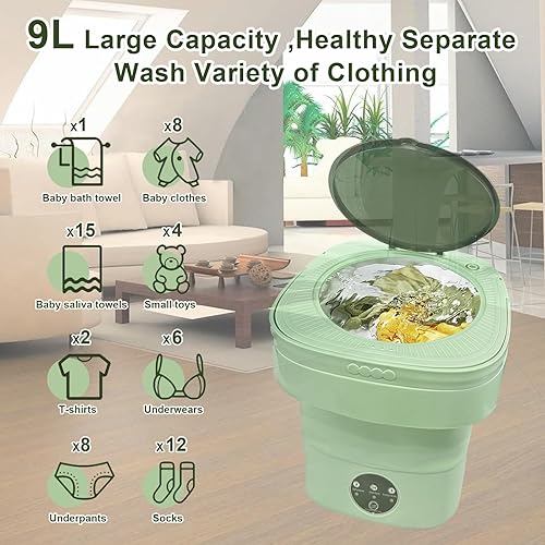 Miniatura 2 de Lavadora portátil, mini máquina plegable mejorada de 9L con secadora giratoria, limpieza profunda de ropa interior, ropa de bebé o artículos