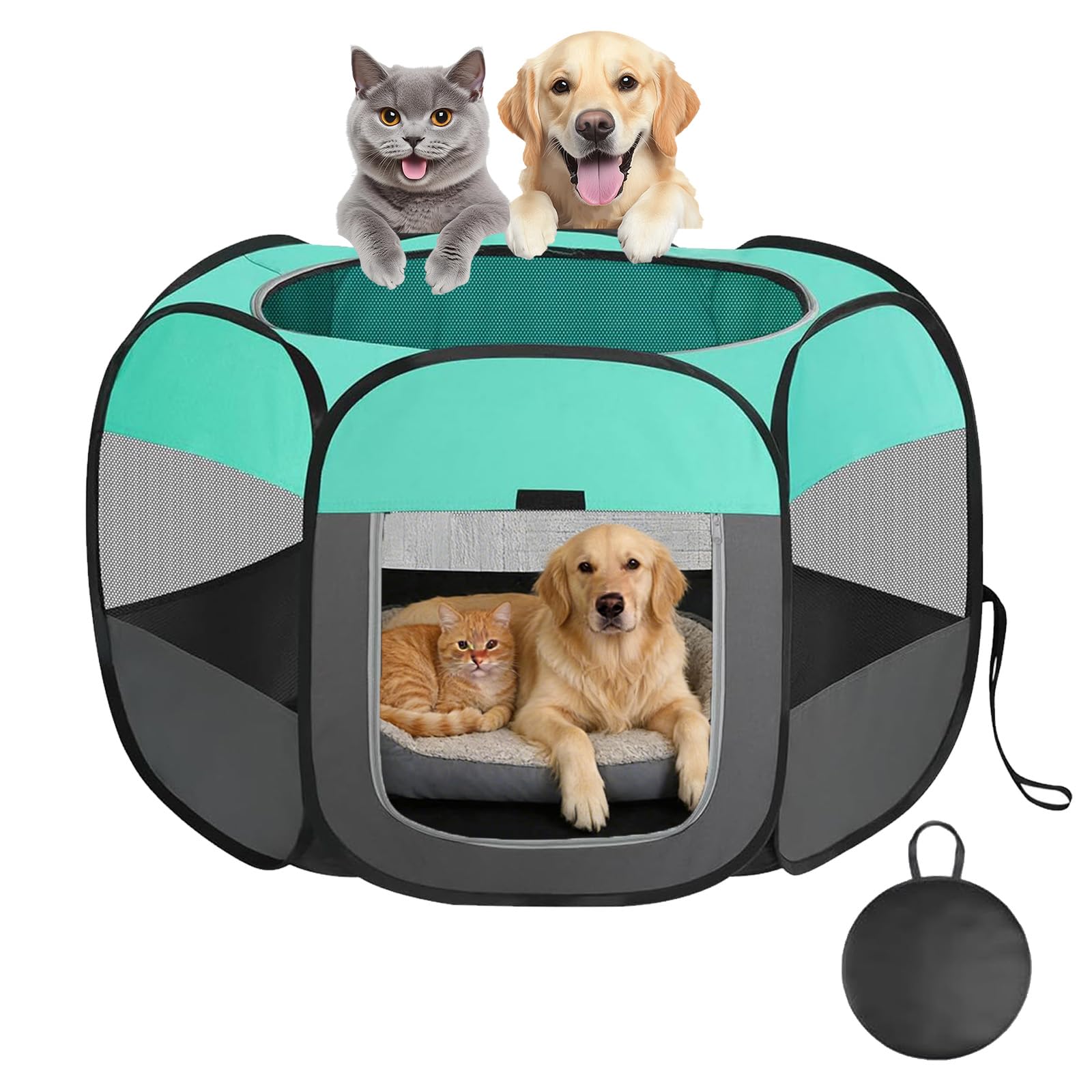 Puniama Foldable Pet Playpen with Carry Bag for Indoor & Outdoor Use, Soft Fabric Dog & Cat Pen, Lightweight Portable Puppy Play Pen for Small Pets – Dogs, Cats, Rabbits & Hamsters (green, 110*60CM)
