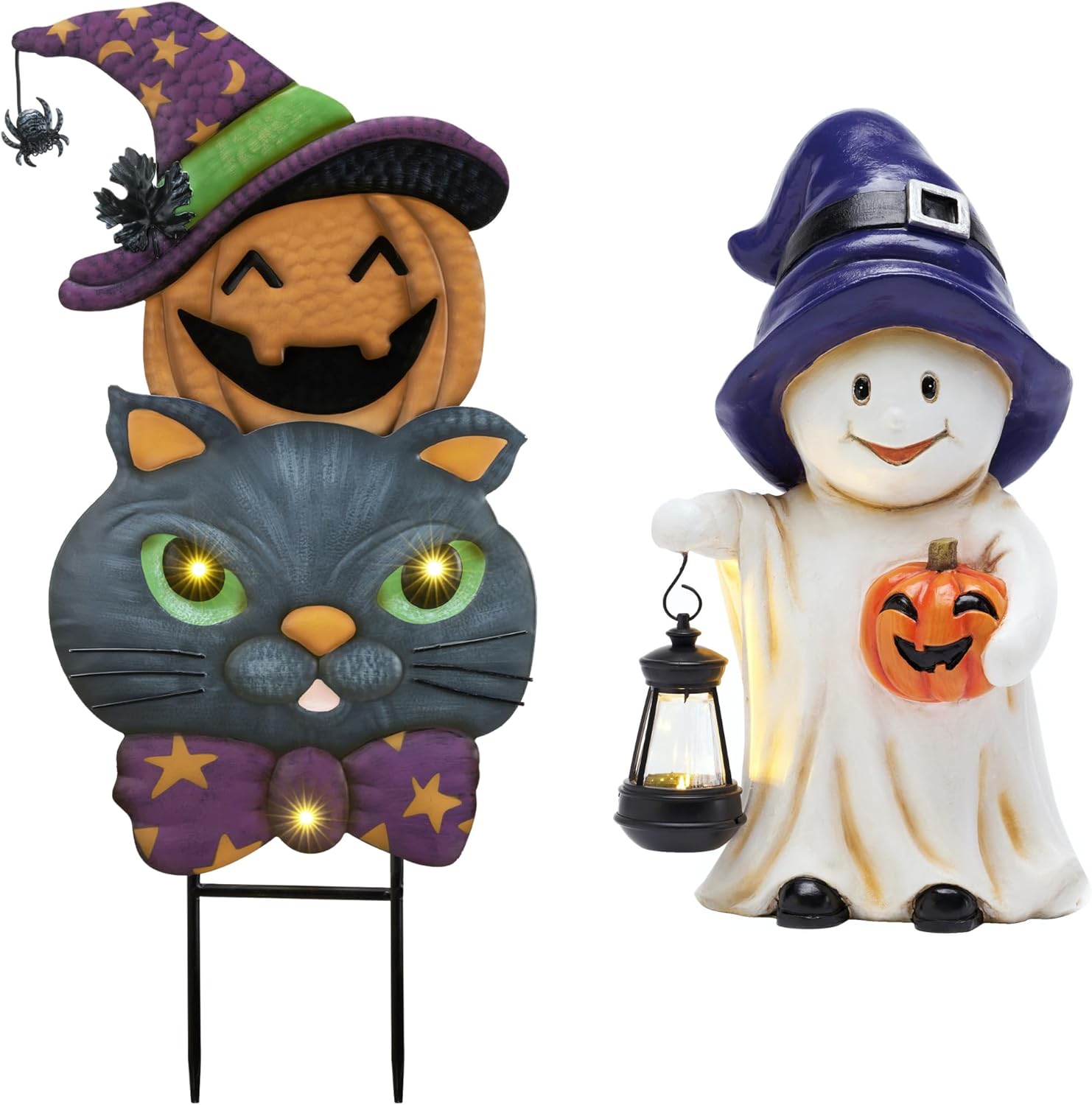 TERESA'S COLLECTIONS Pre-Lit Halloween Decorations Outdoor, Solar Garden Stake with 2 Stacks Cute Black Cat Pumpkin, Jack O Lantern Metal Yard Art Lawn Gift for Valentines Party Porch Patio Decor