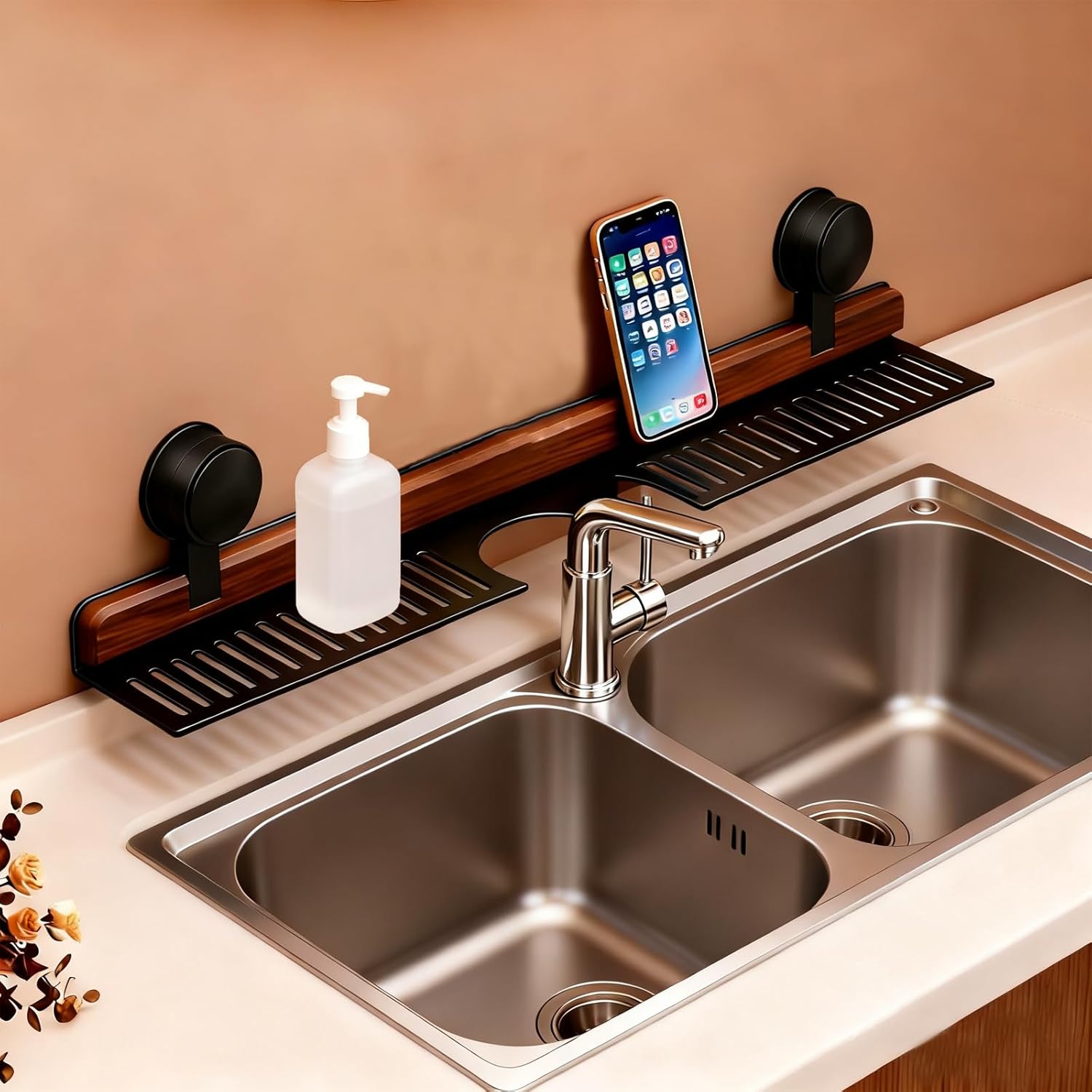 Bathroom Storage Shelves Floating,Modern Kitchen Organizer Faucet Shelf,No Mounted Shower Sink Caddy Organizers,Toothbrush soap Rack (Black, 20 inch)