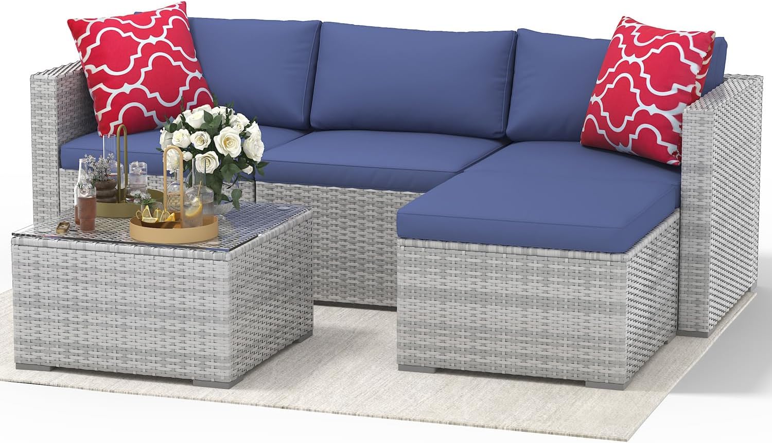 5 Pieces Patio Furniture Sets, Outdoor Patio Furniture Set, Wicker Patio Rattan Outdoor Sofa Furnitures with Anti-Slip Cushion and Glass Table, Patio Conversation Sets for Porch, Garden (Grey/Blue)