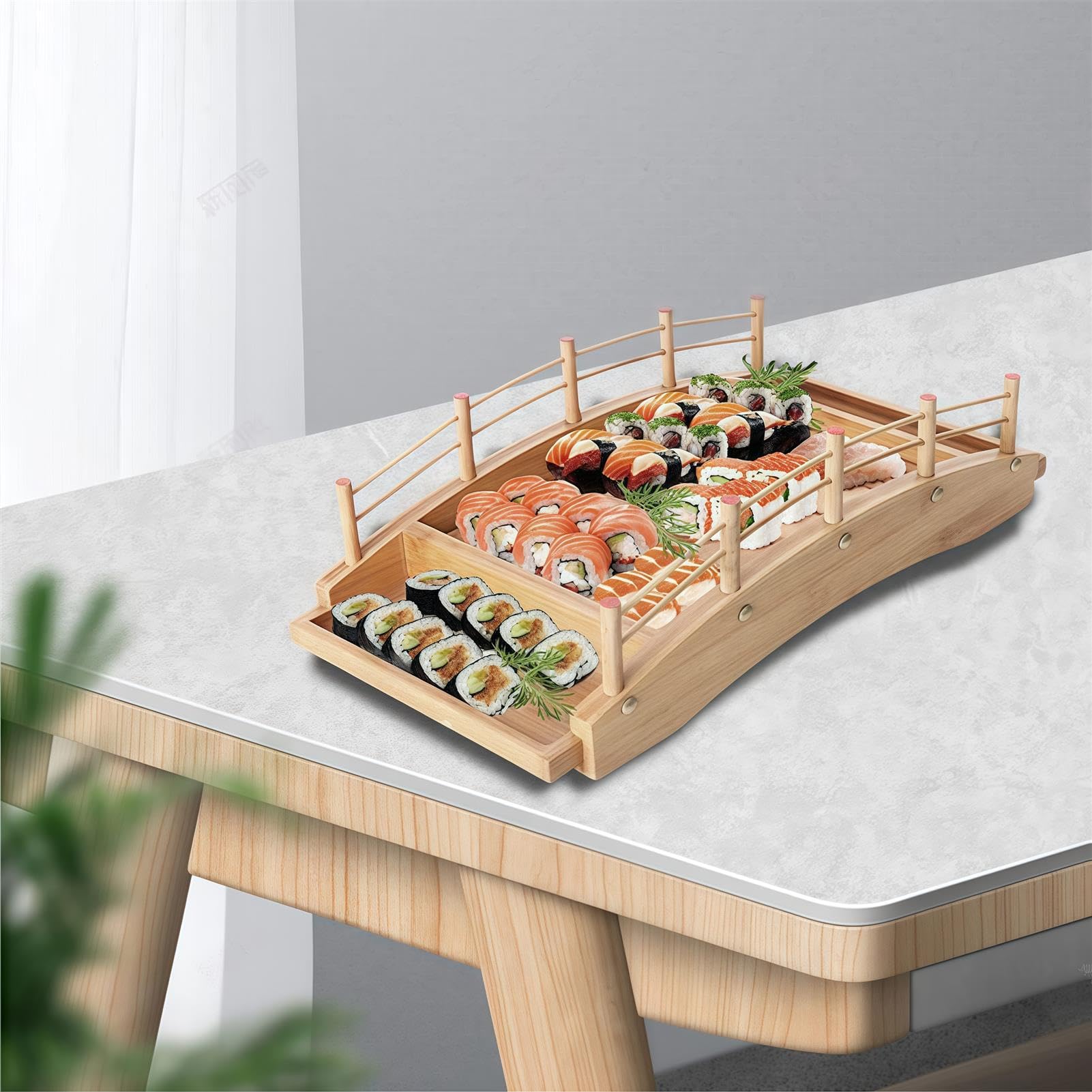 Bambusowa taca do serwowania sushi z łukowym mostkiem, japoński talerz na jedzenie do domu, kuchni, restauracji, na imprezę w formie bufetu