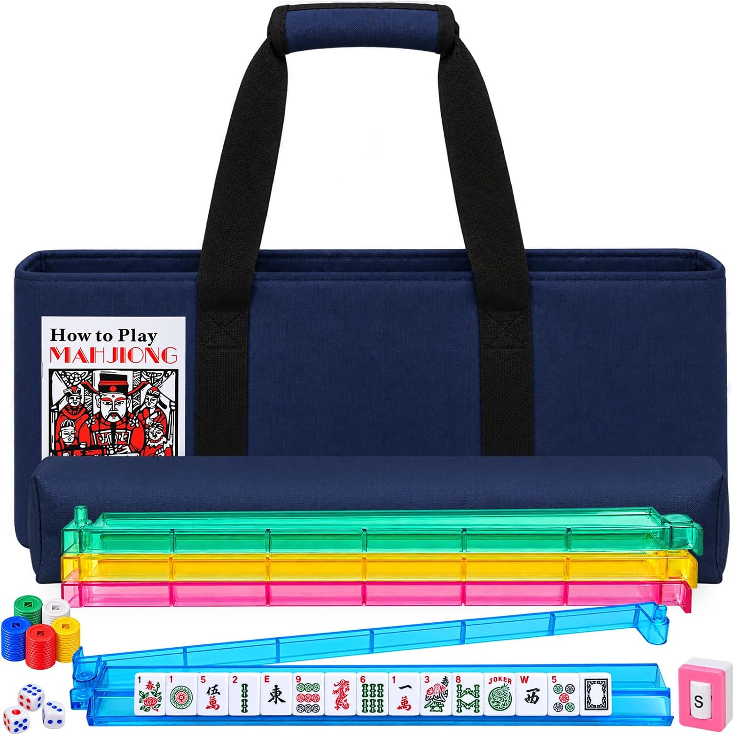 American Mahjong Set with 166 Tiles, 4 Color Rack Pushers, Carrying Bag