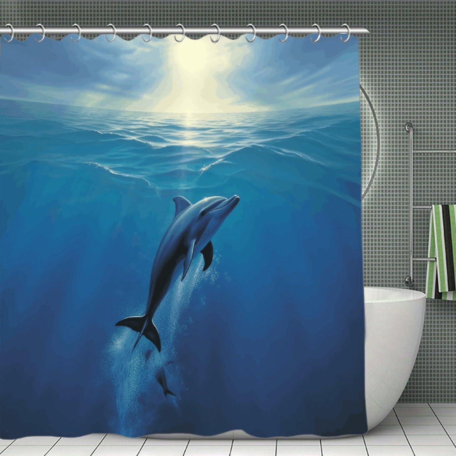 VstaDank Dolphin in The Ocean Shower Curtain Waterproof Bathroom Curtain with Hooks Luxury Weighted Bath Curtains for Bathtubs Showers Room Dividers Decorative Shower Curtains 71x71 in