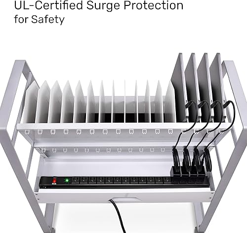 Miniatura 6 de Line Leader Estación de carga móvil para 16 dispositivos, carrito rodante de acero para laptops, tabletas y Chromebooks, diseño abierto con