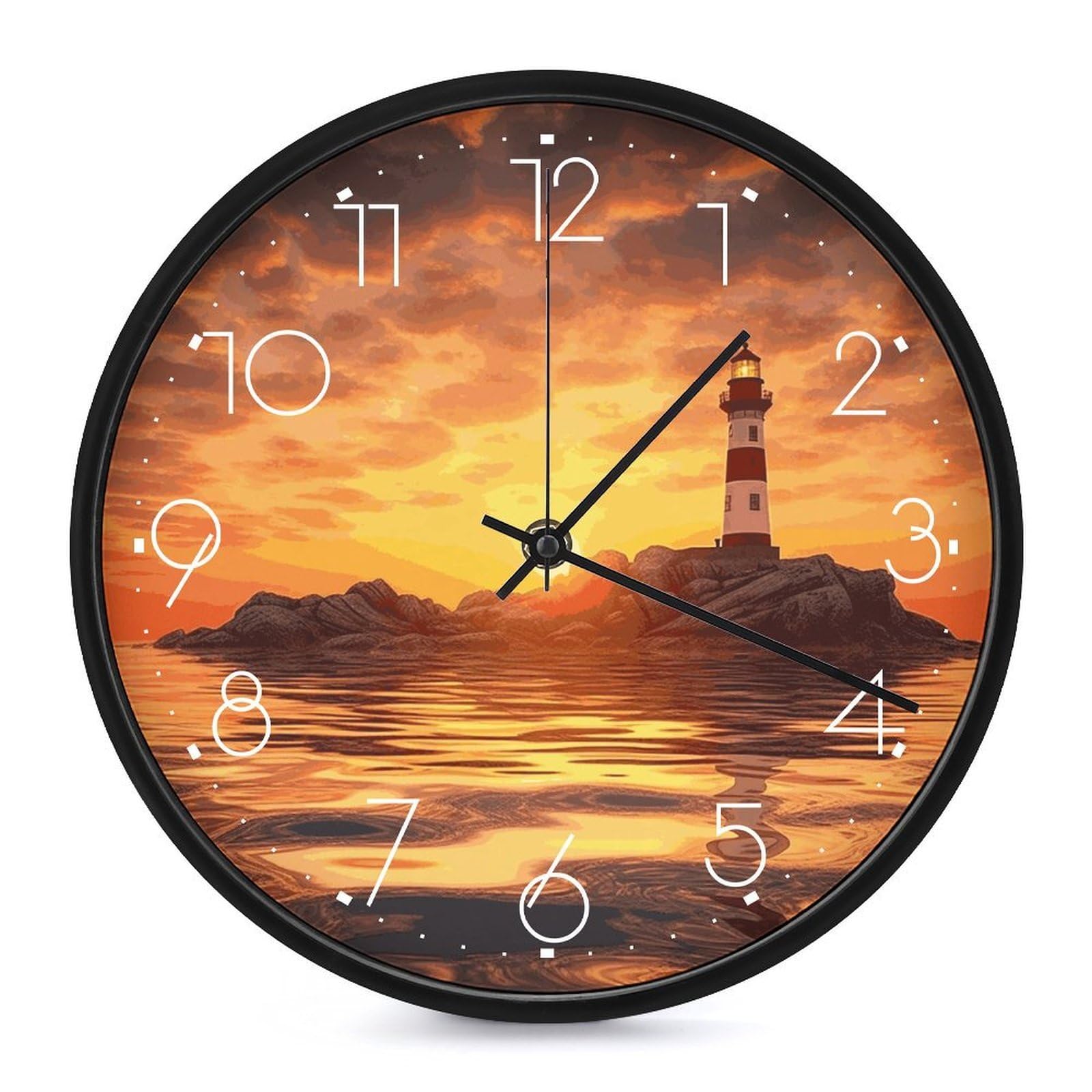 Adfgyerh White-Style Sea Lighthouse In Sunset Clock，9.8 Inch Battery Operated Wall Clock Classic Simple, Decorative Wall Clock.analog Clock For Kitchen Office Bathroom Bedroom.