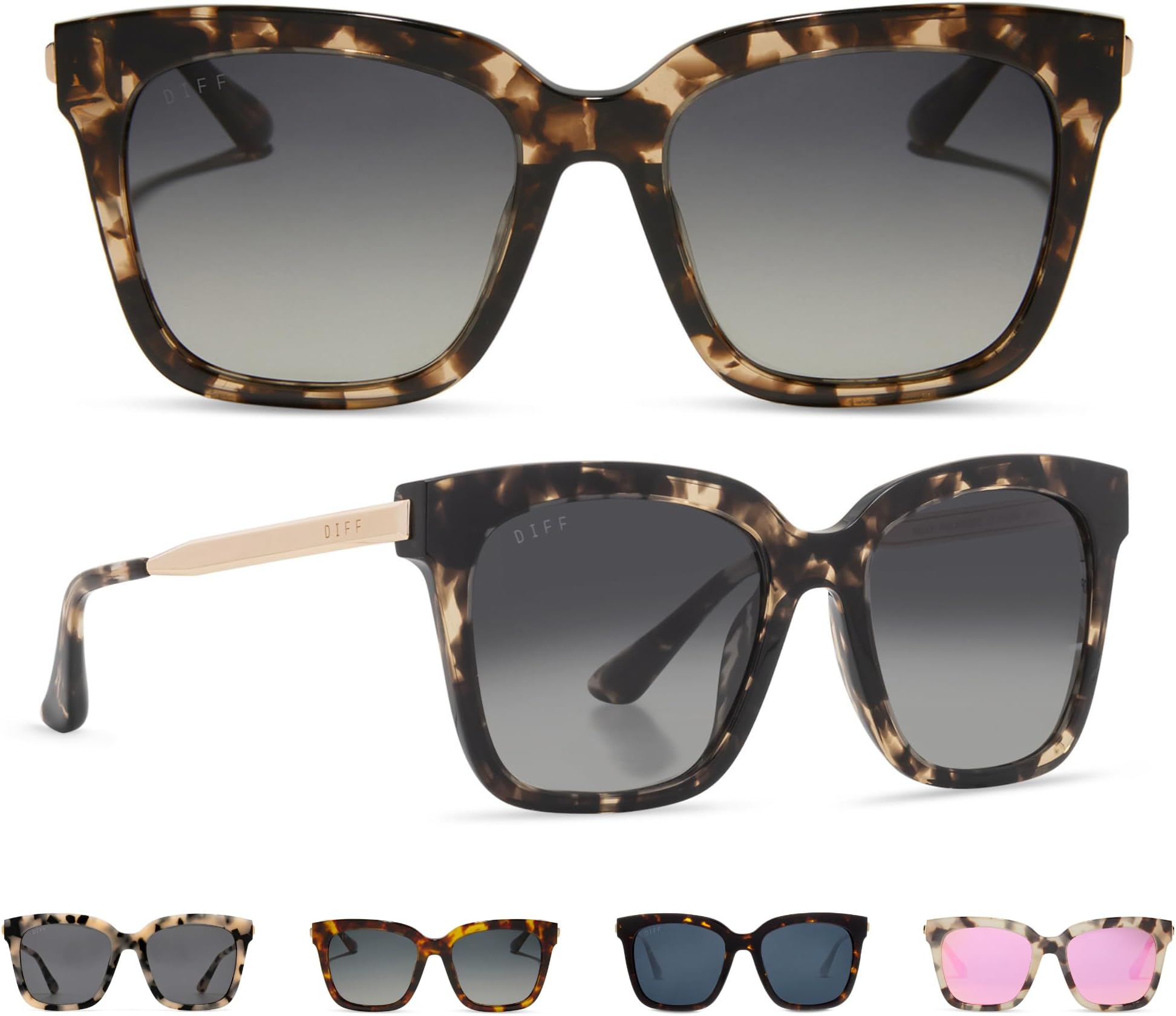 DIFF Bella Oversized Square Sunglasses for Women | Designer Tortoise Frames | 100% UV Protection