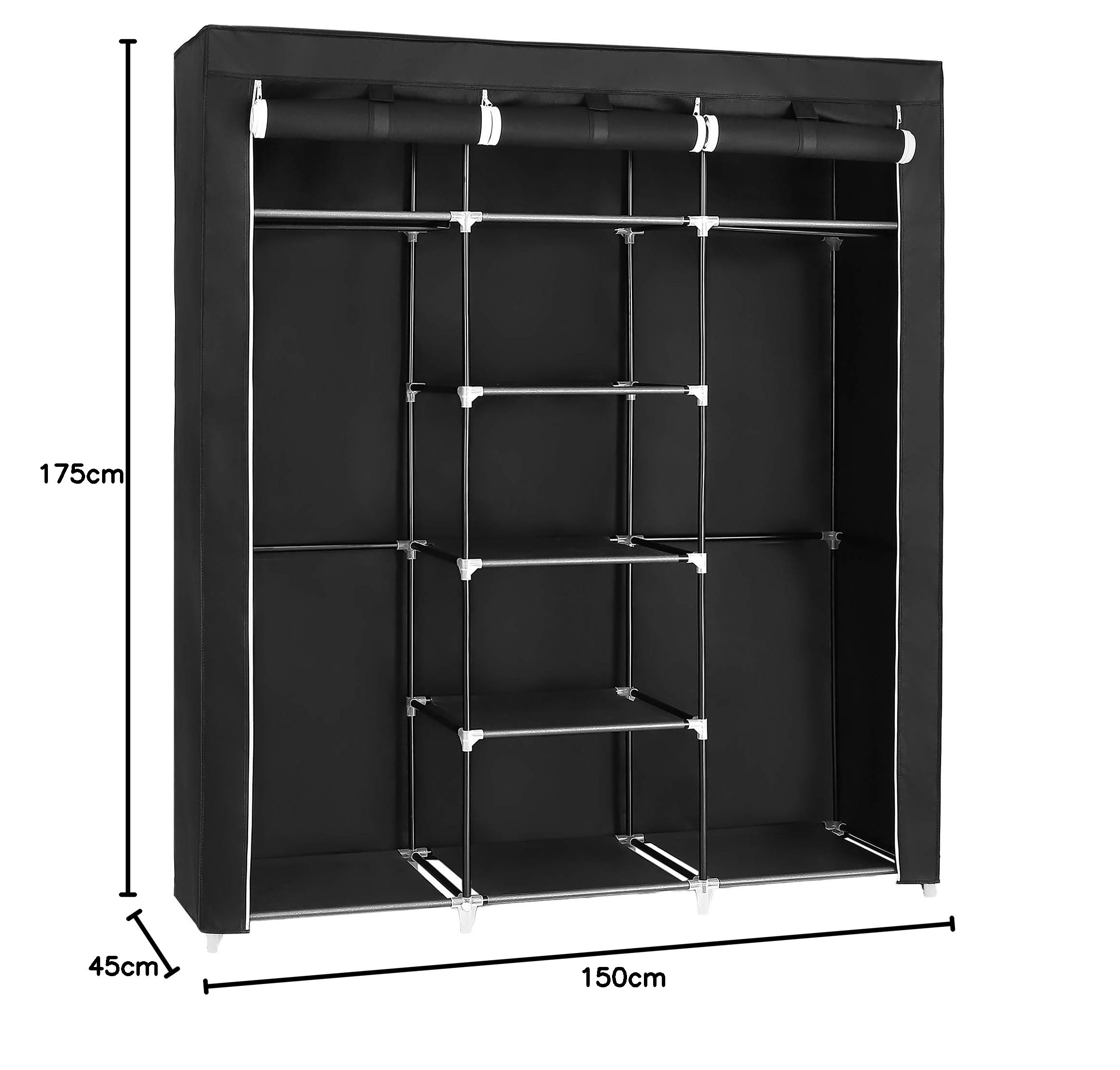LANTUS Kleiderschrank Aus Stoff - Faltbar, 175x150x45 Cm, Mit Kleiderstange & Regal, Schwarz