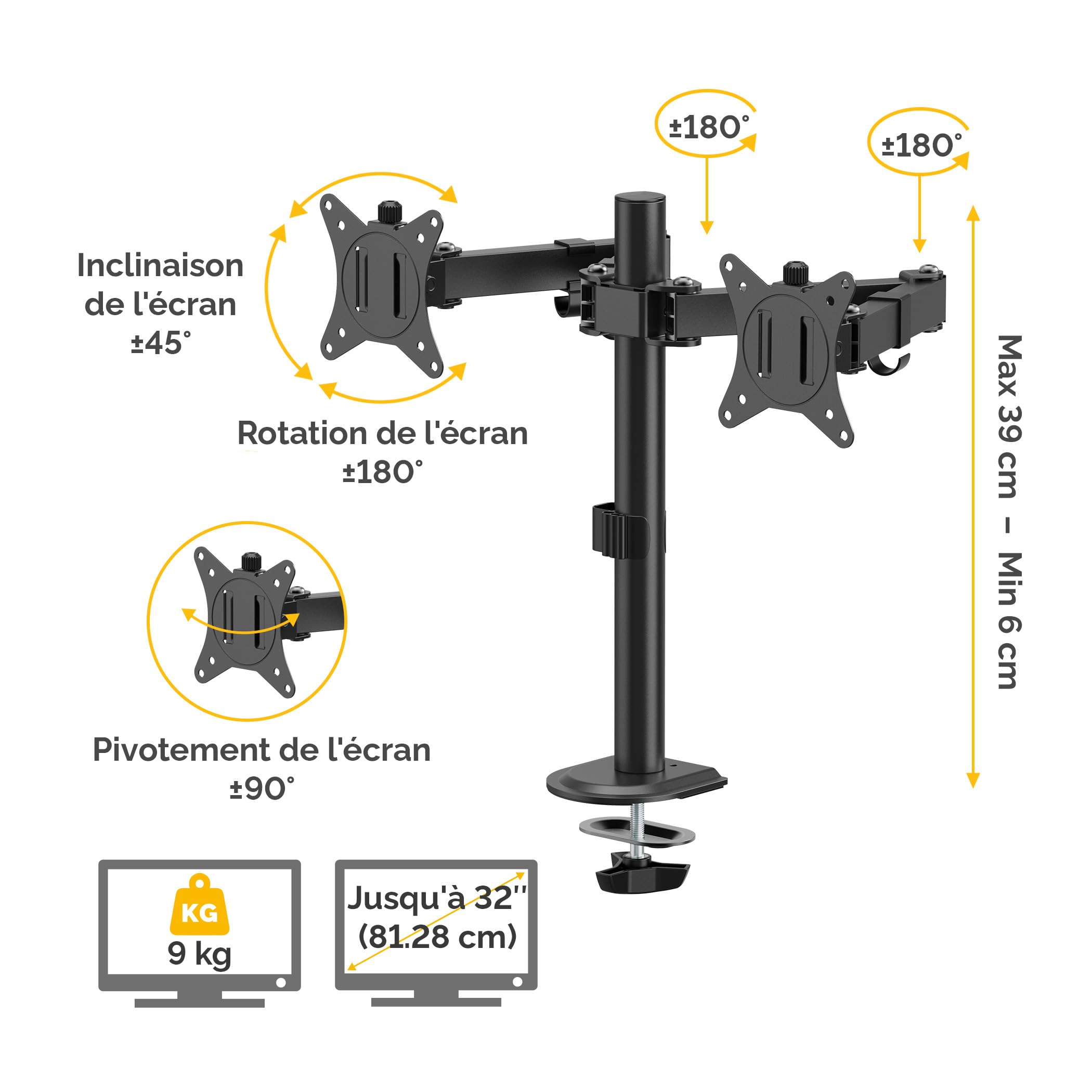 Fellowes Everyday Bras Écran Double Réglable – Supporte Deux écrans Jusqu’à 32" et 9 kg, Inclinaison, pivotement, Rotation, VESA 75/100, Fixation par Pince ou œillet, Gestion des câbles.