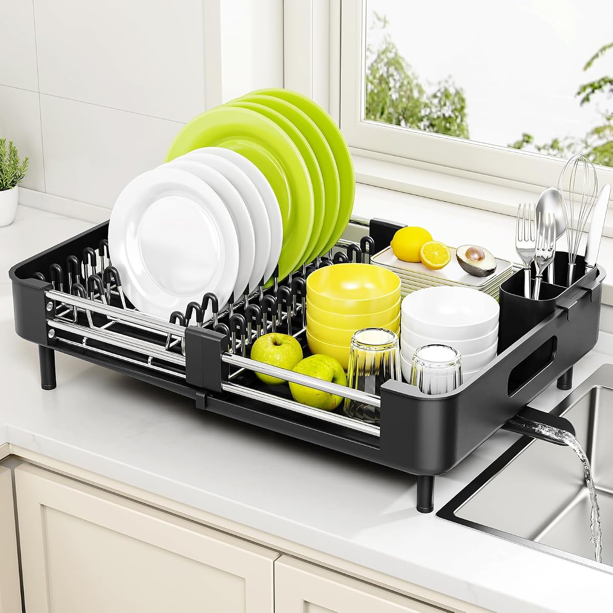 Extendable Stainless Dish Drying Rack for Kitchen Counter, Black | 13.78"W x 18.7"L, Foldable Drainboard for Space Saving, Knife and Utensil Holder, Fast-draining Spout
