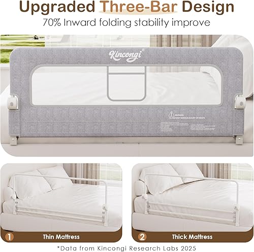 Miniatura 3 de Kincongi Riel de cama para niños pequeños, rieles de cama basculantes de 150 cm con base en forma de U más ancha, protector de cama transpirable