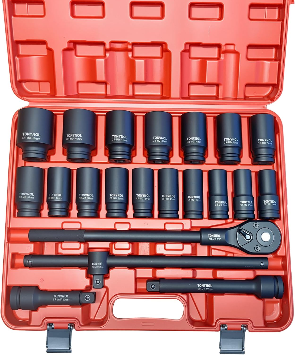 TONYNOL 3/4 Inch Drive Deep Impact Socket Set, 21 Pieces, 6 Point, Metric Sizes (19mm to 50mm) with Adapters and Quick Release Ratchet Wrench, Heavy-Duty Cr-Mo Steel, Storage Case