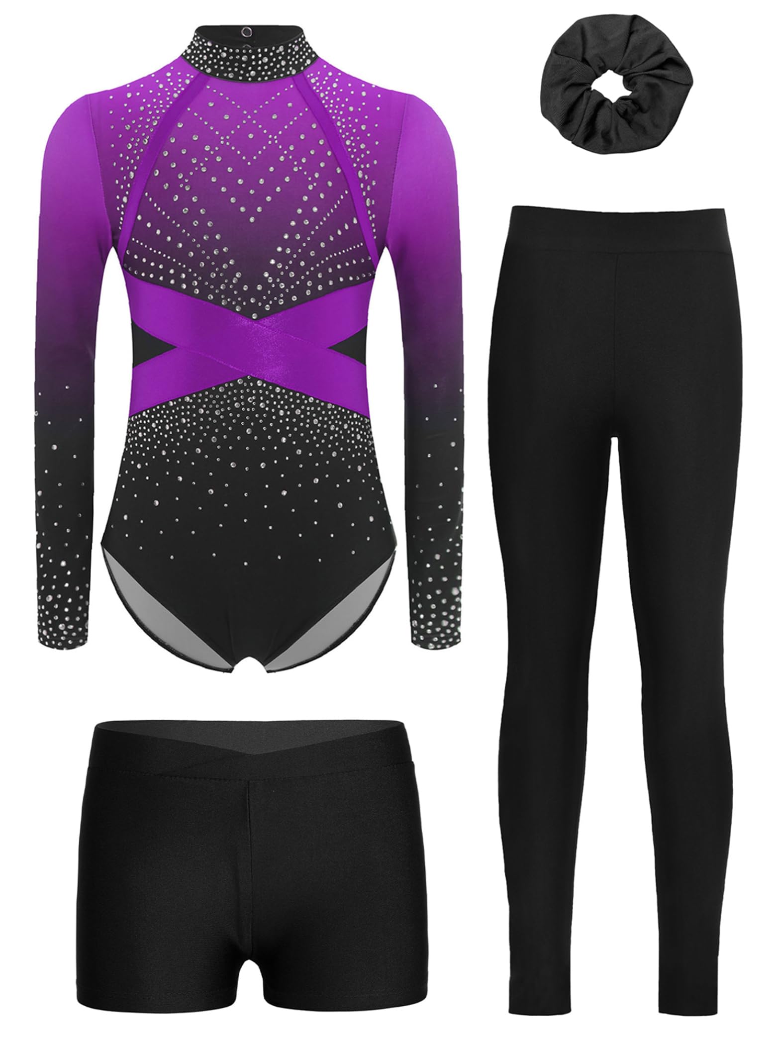 Turnanzug Set 4-teilig Mädchen Strassbody Leggings Shorts Haargummi Eiskunstlauf TanzKostüm 110-170