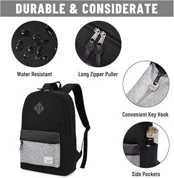 VASCHY Backpack for Men, Water-Resistant School Backpack Bookbag Schoolbag Teens Casual Daypack Work Black