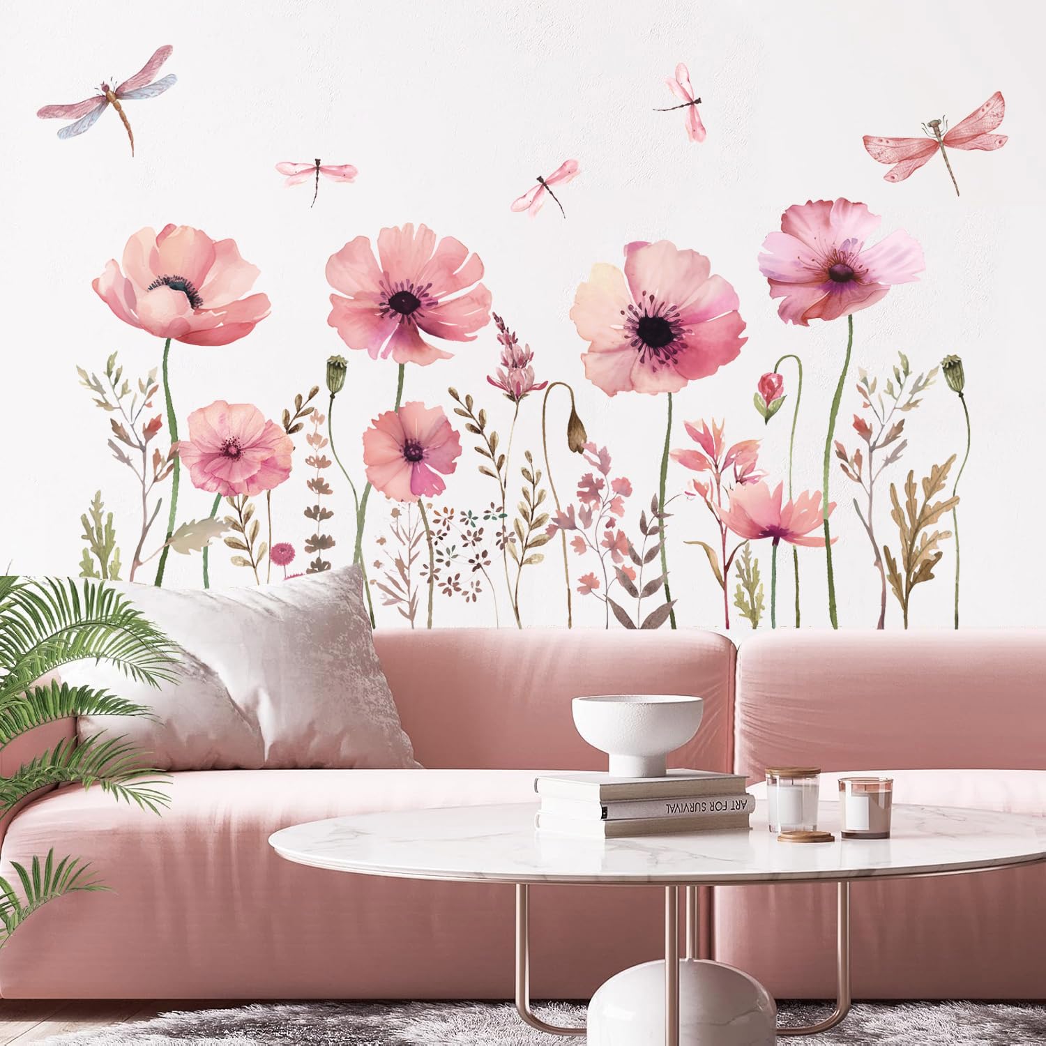 HPNIUB Pink Blossom Flower Wall Stickers for Bedroom,Pink Floral Wall Decals for Living Room,Dragonfly Plants Leaf Wall Art Stickers for Kids Nursery Decoration