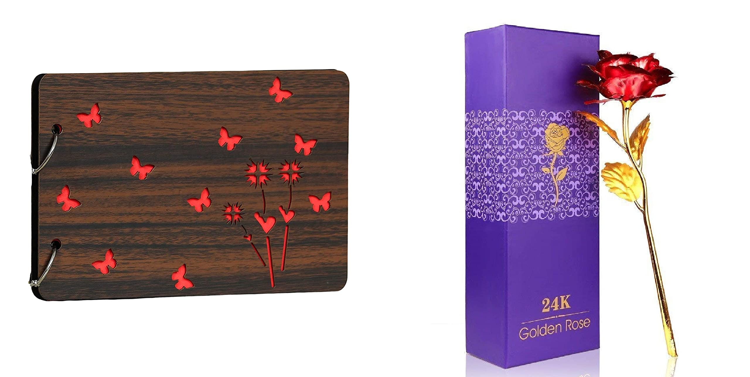 KRISHNA IMPEX Happy Everyday Wooden Scrapbook Photo Album And Artificial Red Rose Flower for Girlfriend-Wife-Boyfriend Red Rose for Valentine Day, Rose Day, Propose Day