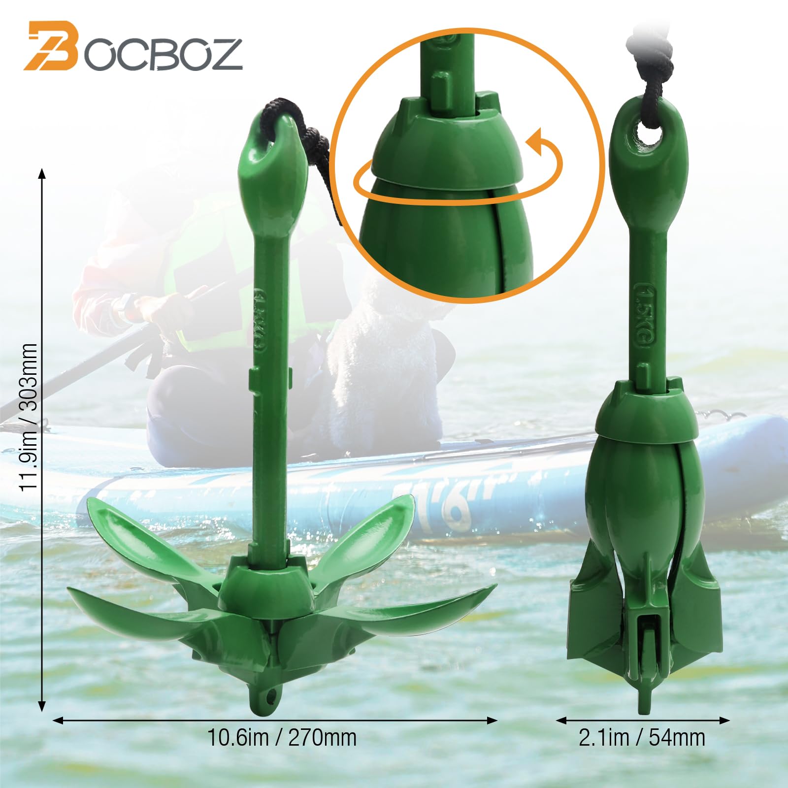 BocBoz Kayak Anchor Boat Anchor for Kayaks, Canoes, SUP Paddle Boards & Jet Skis, Folding Anchor with 40ft Anchor Tow Rope and Carrying Bag- 3.5 lb-Green