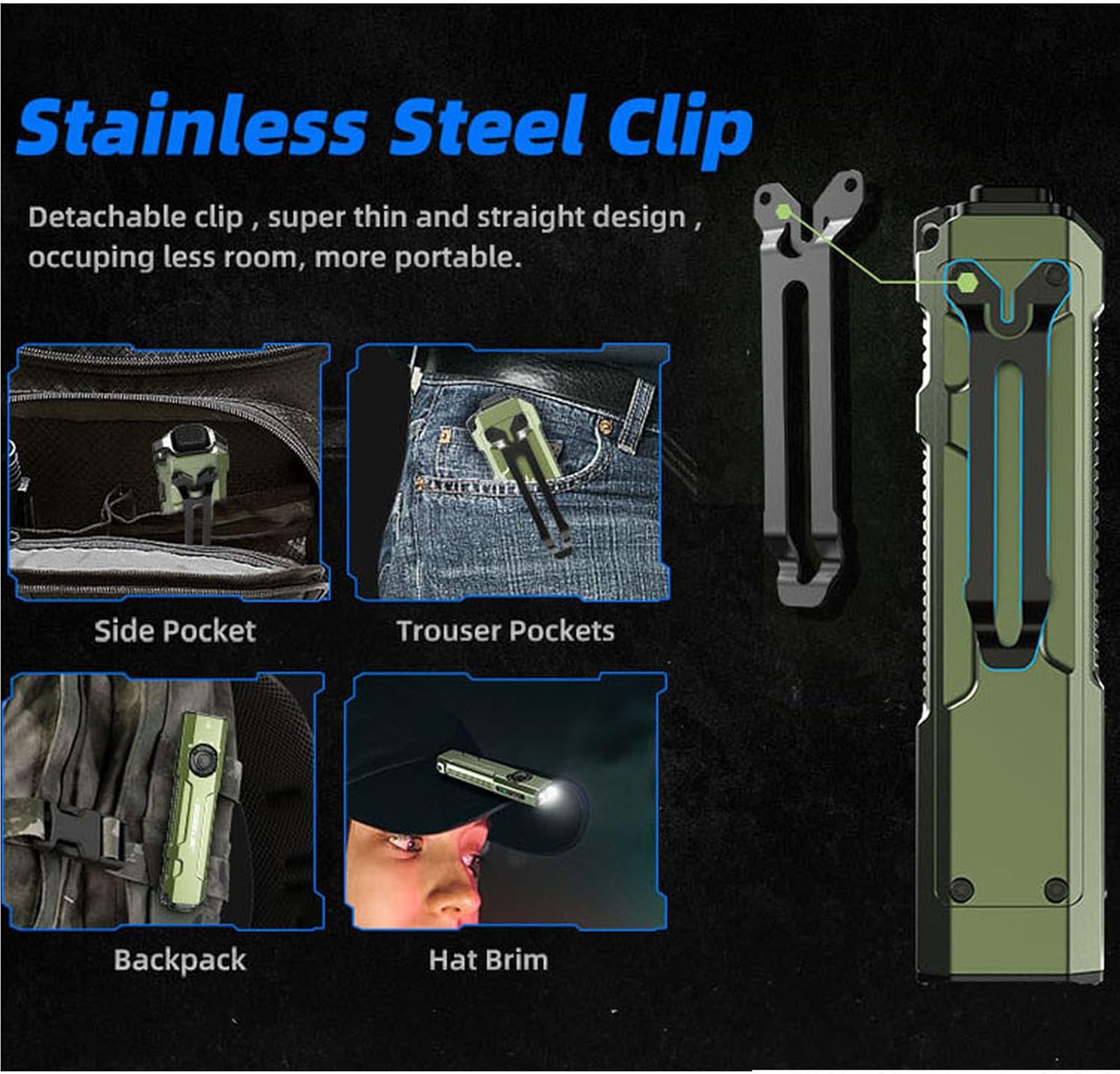 JETBeam E26 showing various ways to use the stainless steel clip: on a side pocket, trouser pocket, backpack, and hat brim