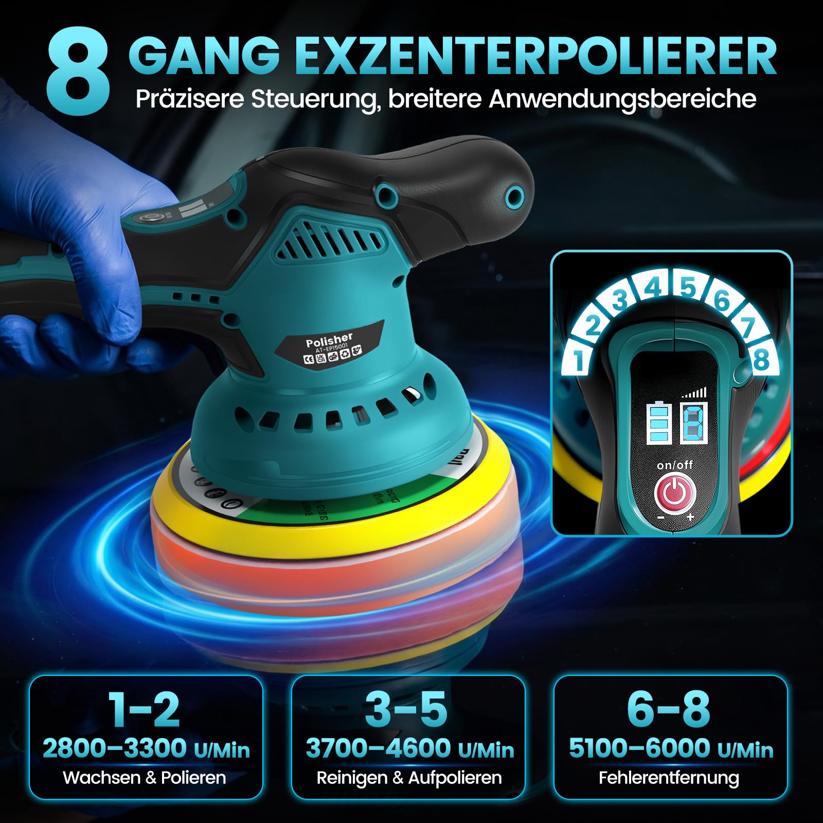 Polisseuse excentrique sans fil pour voiture, 150 mm avec 2 batteries 21 V 2000 mAh, 8 vitesses jusqu'à 6000 tr/min, kit de polissage 13 pièces, kit de polissage pour entretien des détails de