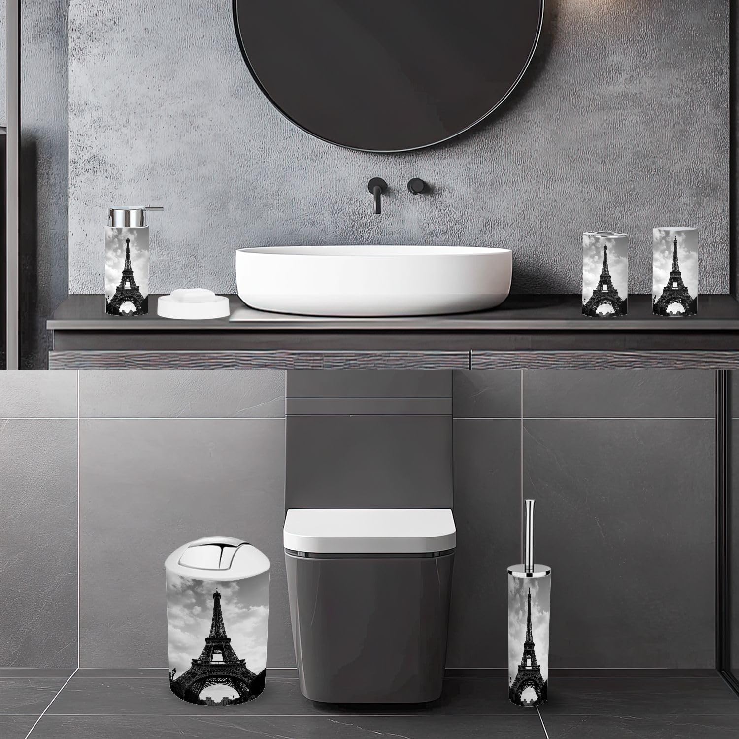 Bathroom Accessory Set 6 Piece Eiffel Tower Black White Effect Paris France Toothbrush Cup Toothbrush Holder Soap Dispenser Soap Dish Trash Can with Lid Toilet Brush Holder Counter Decor