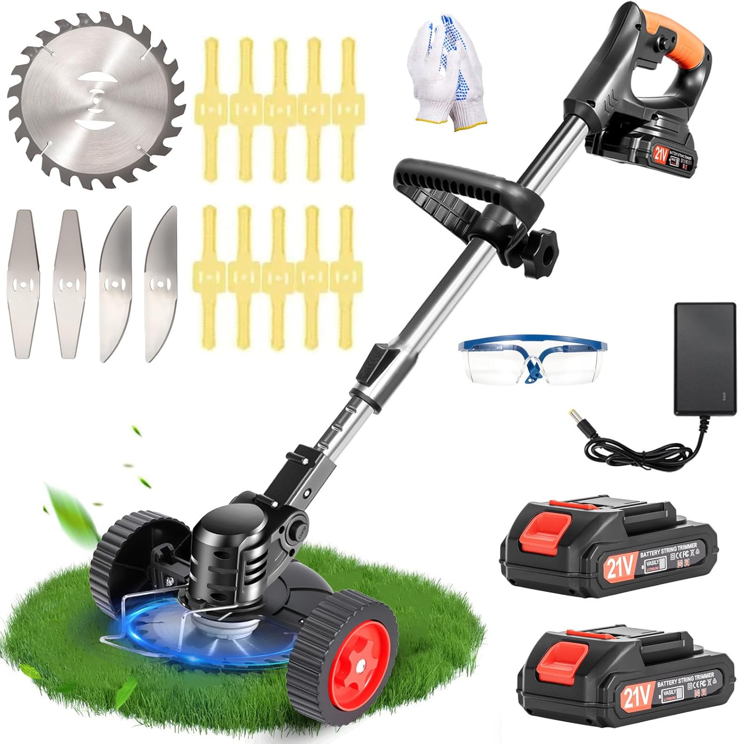 Cordless Weed Wacker 21V Electric Weed Cordless Eater 3-in-1 Grass Trimmer/Brush Cutter/Edger with 2pcs Batteries&Wheels&3Types Blades Lightweight Low Noise Weed Trimmer for Lawn, Garden & Yard