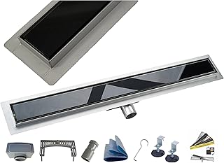 linearer Bodenablauf Gehärtetes Glas Edelstahl superflach Komplettset für Badezimmer mit bodengleicher Dusche, Duschrinne Ablaufgarnitur-Set, Duschablauf mit Siphon 80 cm schwarz