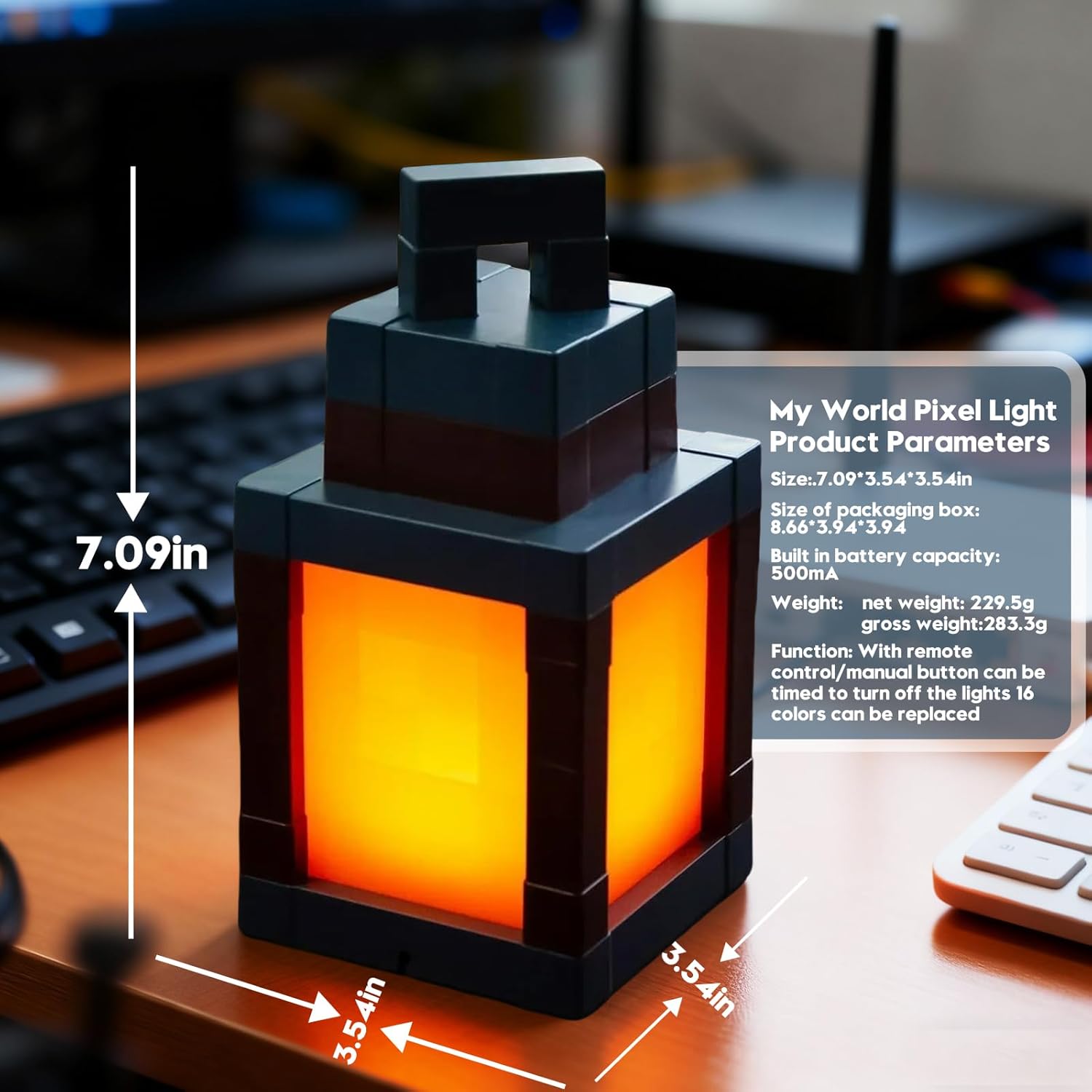 DBZ Pixelated Lantern Night Light, 16 Colors Rechargeable LED Light with Touch Switch & Remote Control, Retro Style Pixel Table/Wall Light for Kids Bedroom, Gaming Room Decor Gift