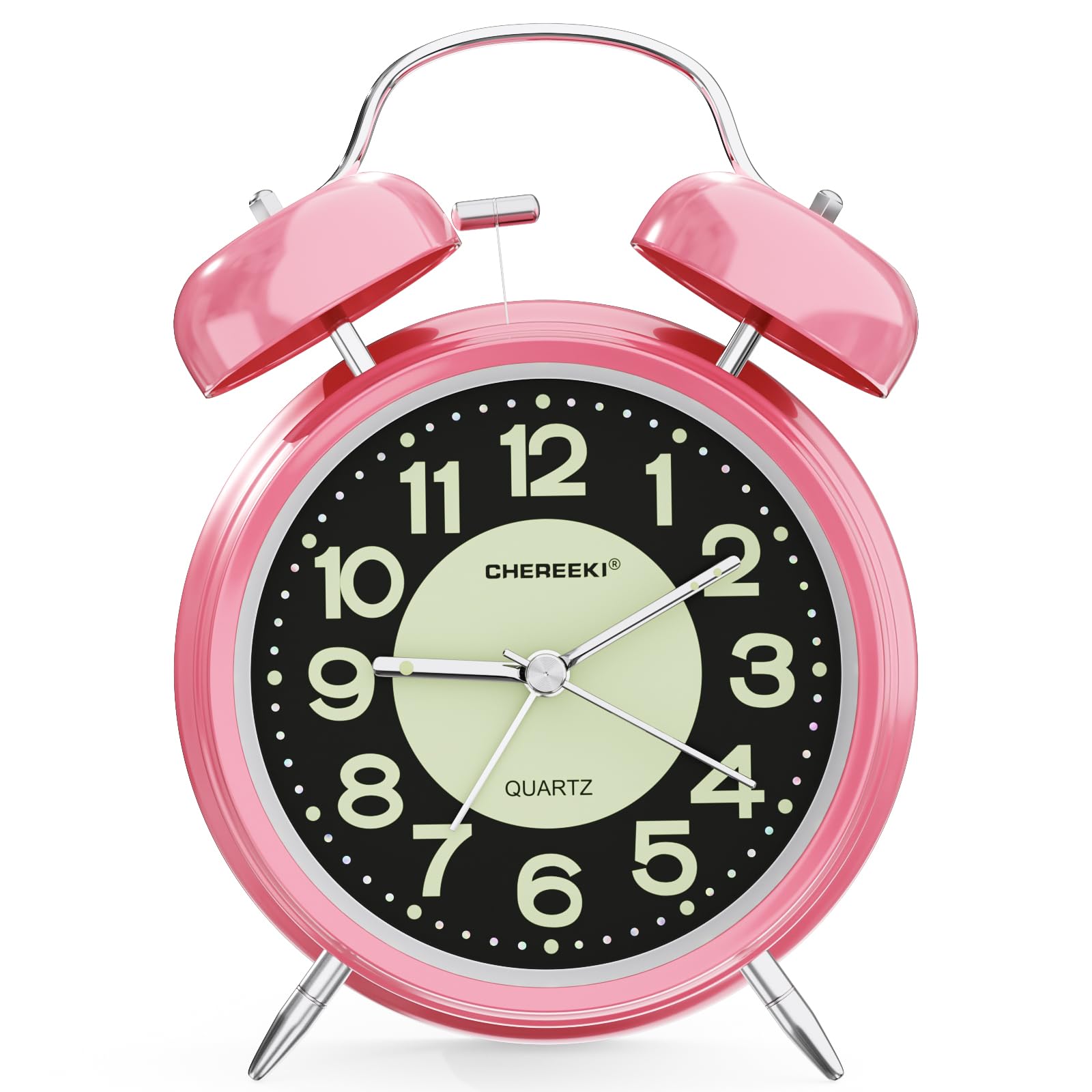 CHEREEKI Kids Alarm Clock for Heavy Sleepers With Twin Bell, Large Digits and Night Light - Battery-Operated Retro Design for Bedside, Bedroom (Pink, Battery Included)