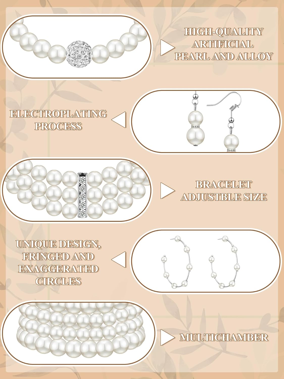 BBTO 8 Pcs Pearl Necklace and Earring Set for Women Faux Pearl Bracelet Costume Jewelry Set for Wedding Bridal Shower Party - Image 3