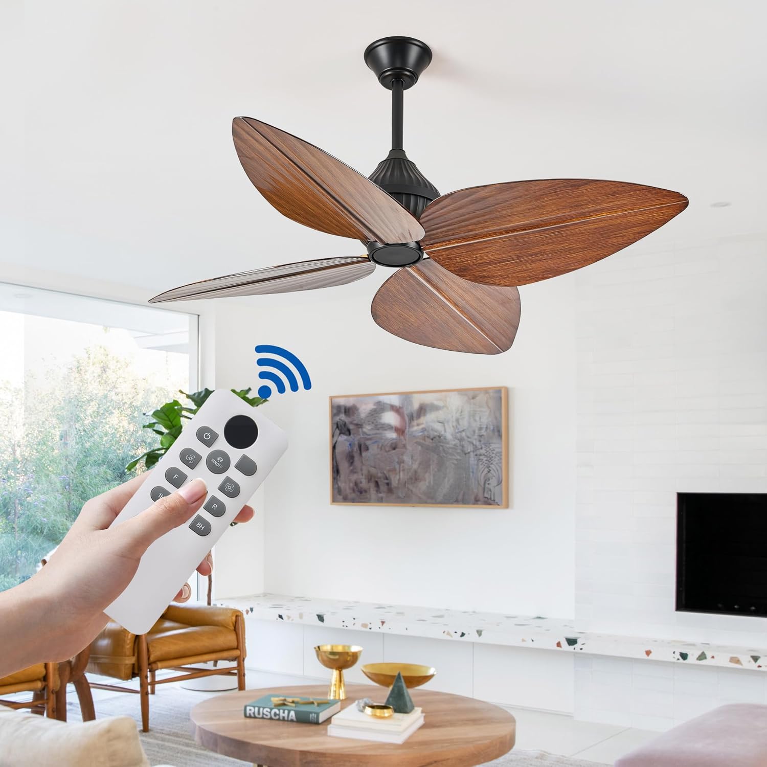 52" Ceiling Fan Without Lights, Tropical Ceiling Fans with APP and Remote Control, Indoor Palm Leaf Ceiling Fans for Living Room Bedroom Patios (Walnut)