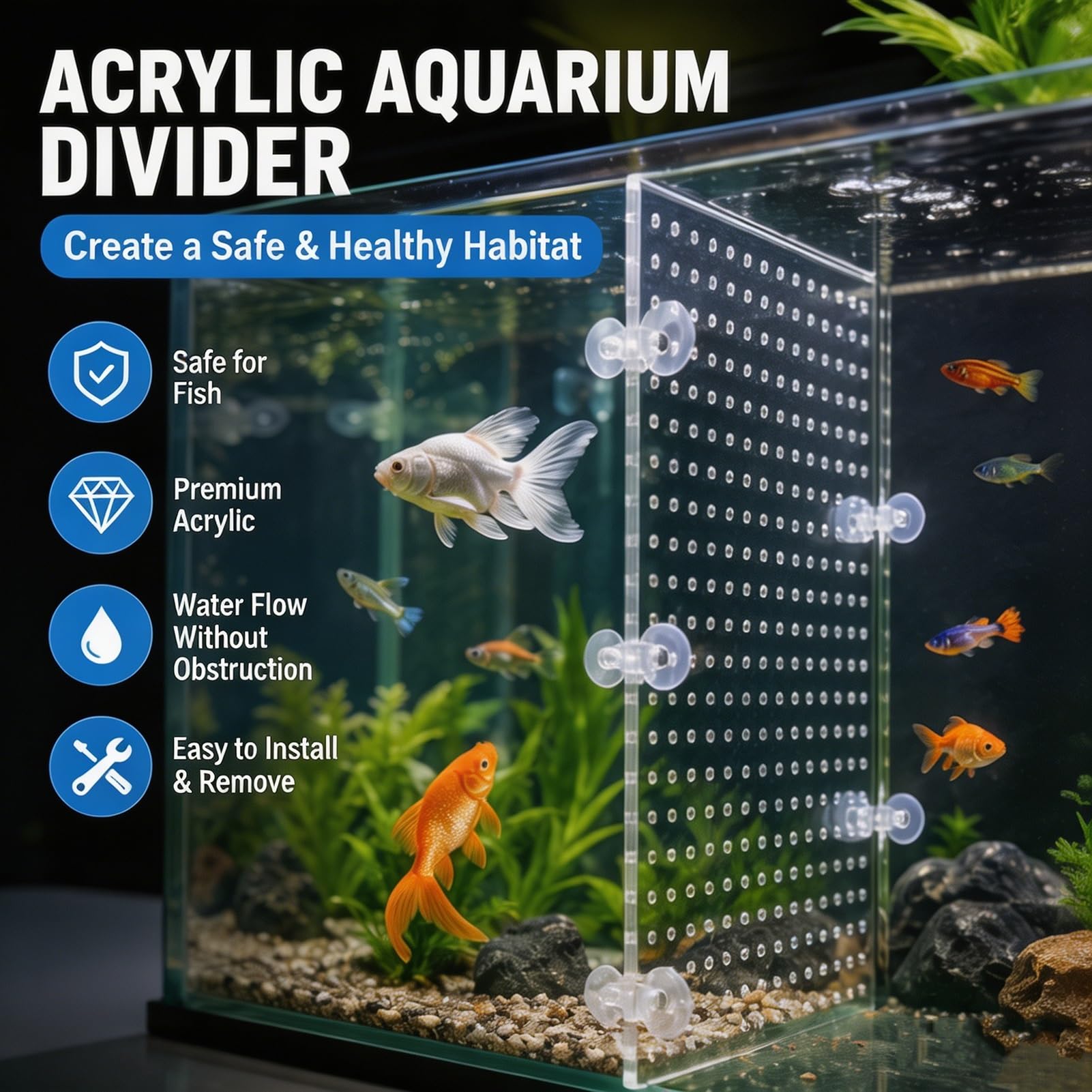 Séparateur d'Aquarium pour Circulation d'eau, Cloison Acrylique 5mm, Panneau d'Isolation Transparent avec Ventouses(80x80cm)