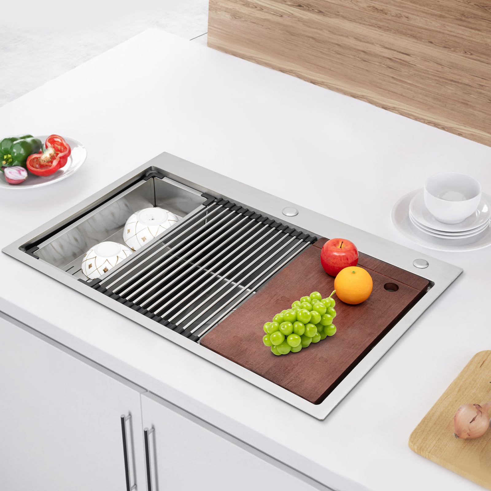 CUBELLIN 33"x22" Drop-In Kitchen Sink Workstation - Single Basin Stainless Steel Sink With Cutting Board & Accessories - View #7