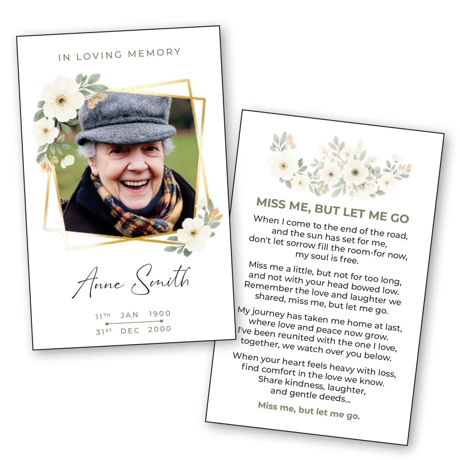 Memorial Funeral Wallet Prayer Cards. Personalised Double-Sided Memory Remembrance Card with Poem/Scripture. Laminated Premium Keepsake. Catholic/Christian/non-religious. 20/40/60/80/100. Templates