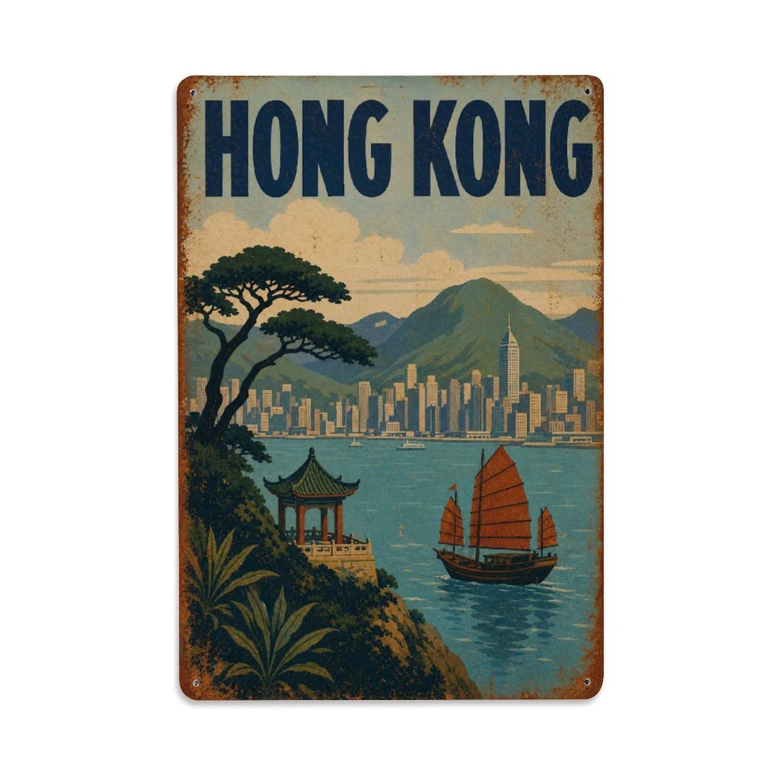 Metal Tin Sign Vintage Travel Hong Kong Island