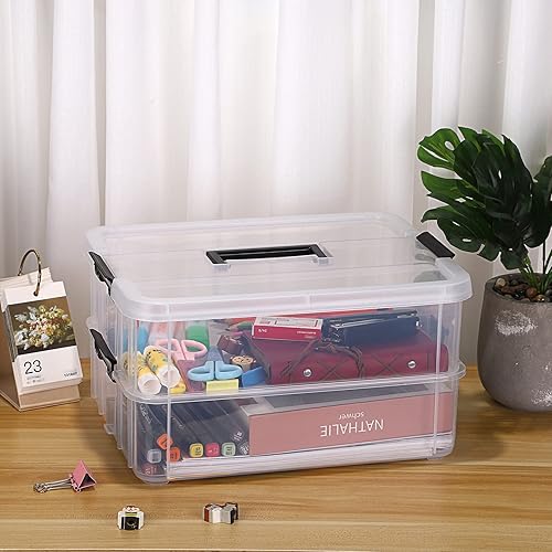 Miniatura 5 de BTSKY Caja de almacenamiento portátil multiusos de 2 capas, caja de almacenamiento portátil de plástico para organizar artículos de papelería,
