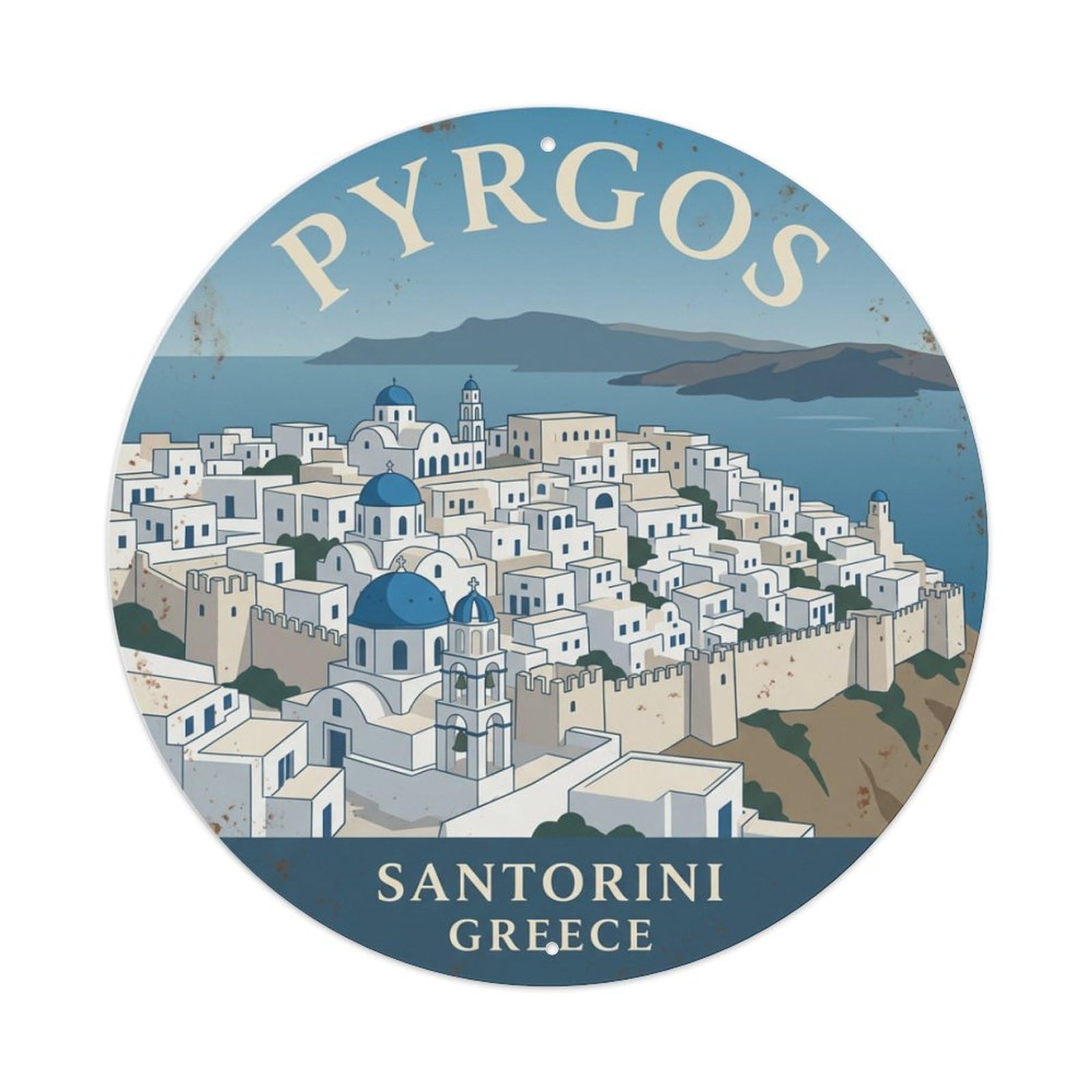 Galvaxio Style Vintage Travel Pyrgos Santorini Fortified Metal Tin Sign