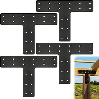 Alffun 4 Pack T Post Timber Frame Brackets, 14"x10" T Flat Mending Plate Fit 4x4,6x6 Lumber, Post to Beam Connector with Black Powder-Coated for Fixing, Repairing, Strengthening