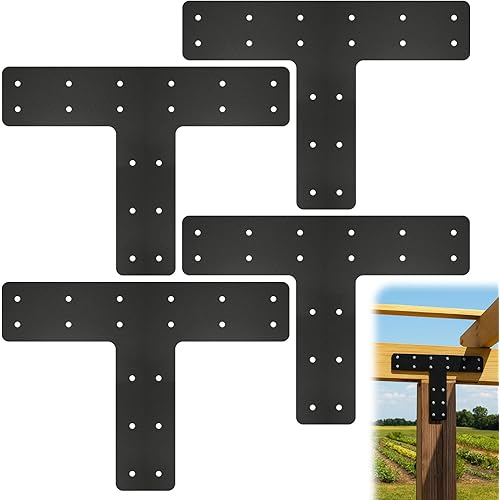 4 Pack T Post Timber Frame Brackets, 14"x10" T Flat Mending Plate Fit 4x4,6x6 Lumber, Post to Beam Connector with Black Powder-Coated for Fixing, Repairing, Strengthening