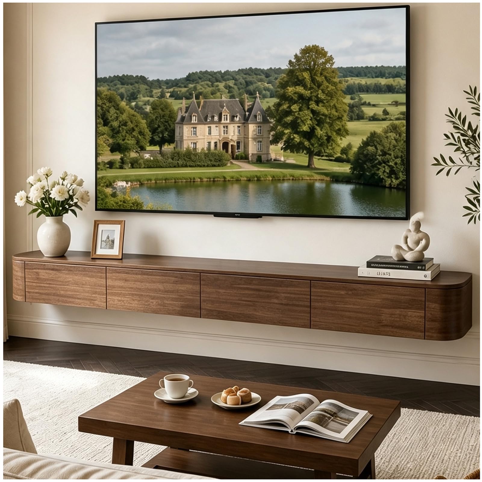 TV Lowboard hängend Braun 240 cm lang, Breite 30 cm – fertig montierter TV Schrank zur Wandmontage mit 2 Schubladen & 2 Türen, 2 seitlich öffnendes Seitenfach, für Wohnzimmer & Schlafzimmer