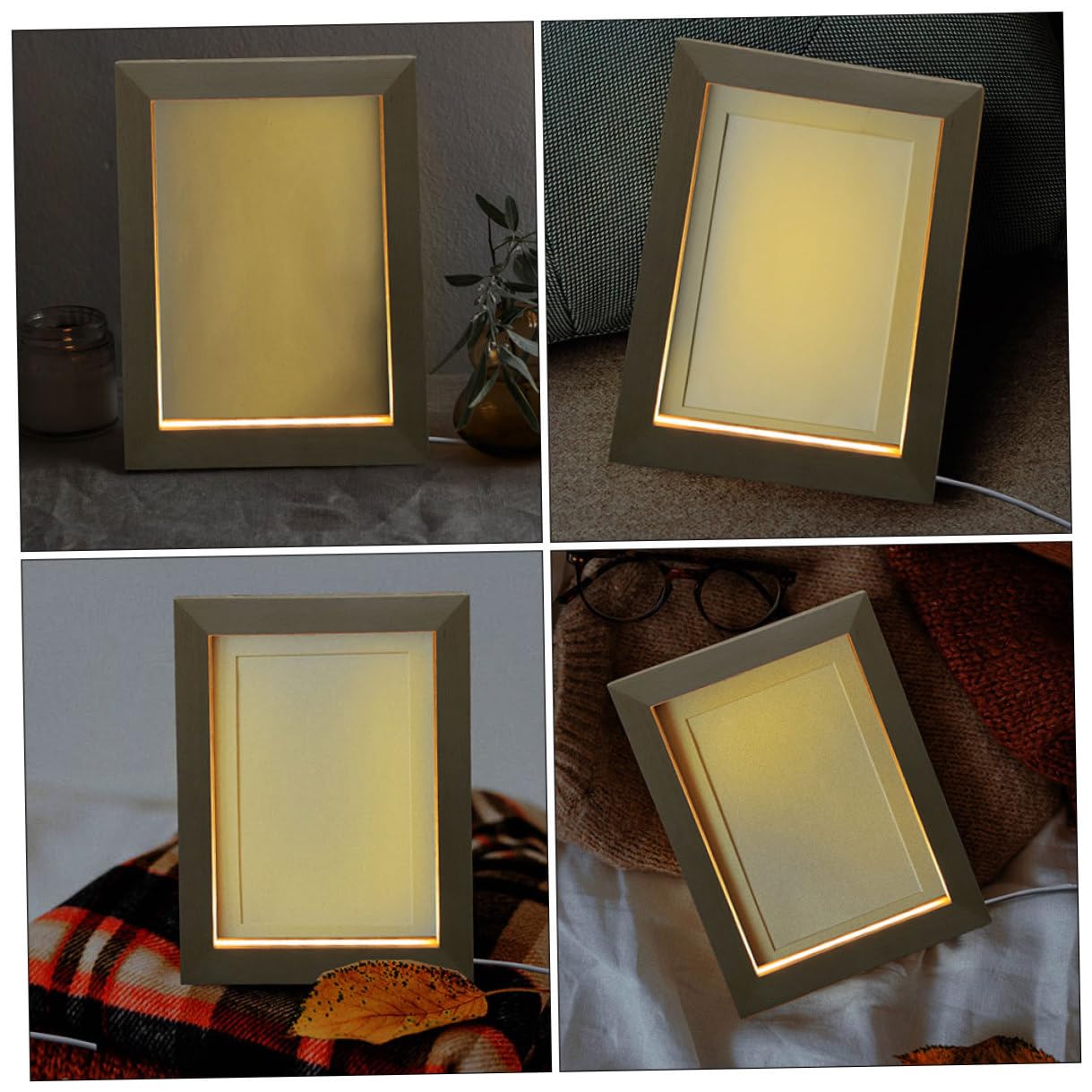 Marco de Fotos Iluminado Luz Nocturna LED para Escritorio y Mesita de Noche, 2 Piezas Madera Natural Textura Atractiva