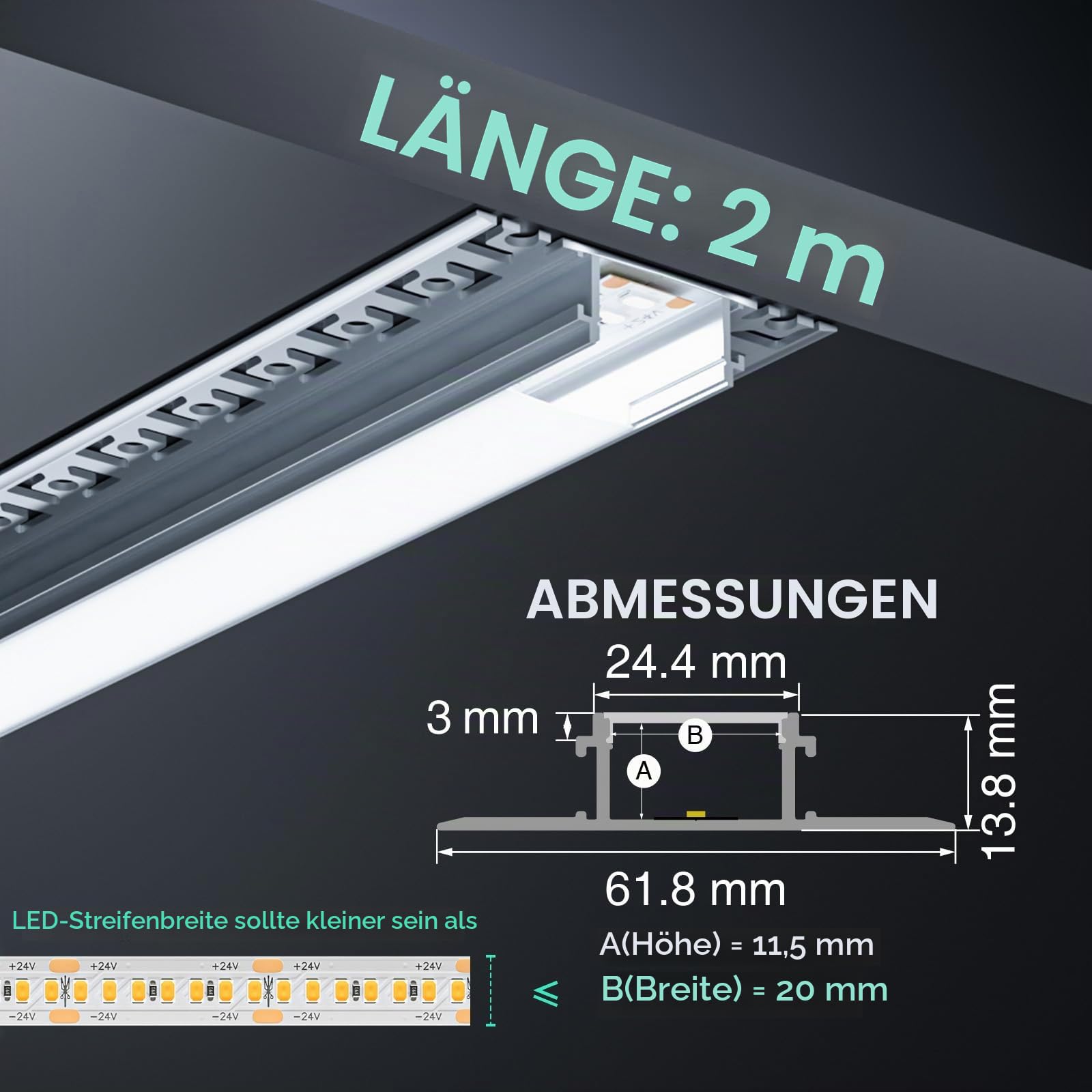 LED Unterputzprofil 2m x 6 Stück ohne Fräsung einfache Montage, LED Fliesenprofil Flächenbündig für Led Streifen bis 20 mm, inkl. Lichtdiffusor aus PC Endkappen für Decke, Gipskarton Holz geeignet