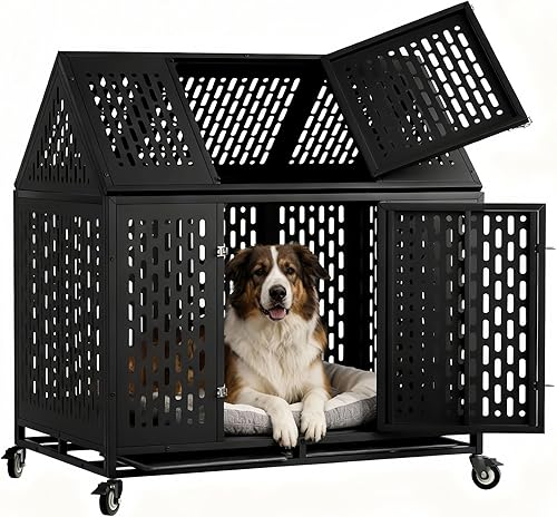 Jaula de acero indestructible de 44 pulgadas para perros, a prueba de escape, a prueba de mordidas, para interiores con doble puerta para perros de