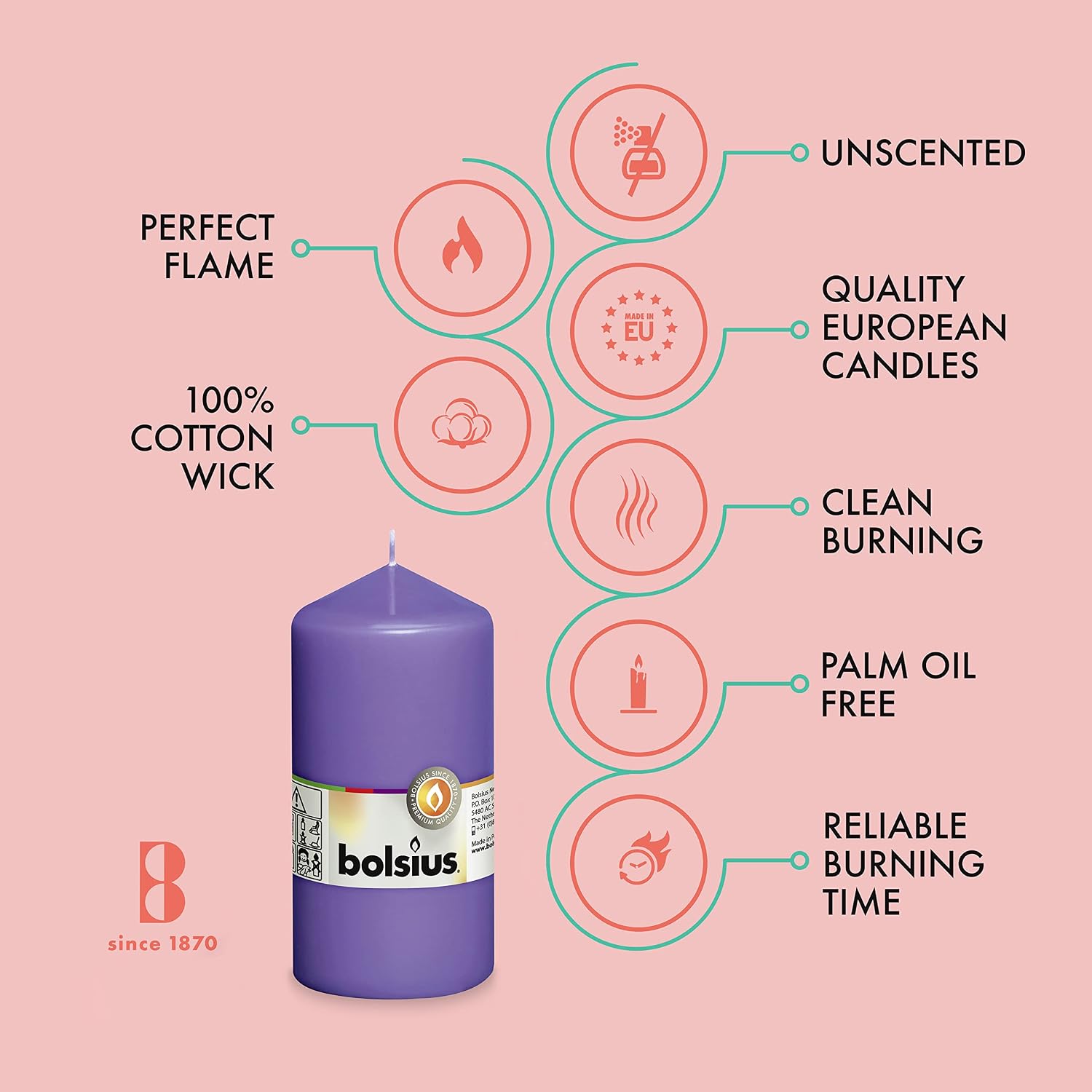 BOLSIUS 8 Purple Pillar Candles - 2.75 x 5 Inches - Premium European Quality - Individually Wrapped - 43 Hours Burn Time - Dripless & Smokeless - Unscented Dinner, Wedding, Party, & Restaurant Candles
