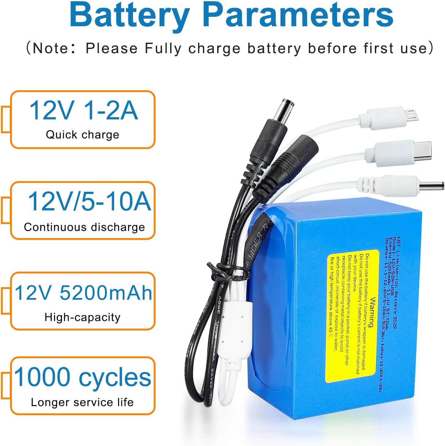 KBT 12V 5200mAh Rechargeable Lithium Battery Pack with Charger and DC5521 Connector & 5V 3-in-1 Output Port for 12V Devices, Mobile Phone, RC Car, Boat, Fan, Radio, CCTV Camera