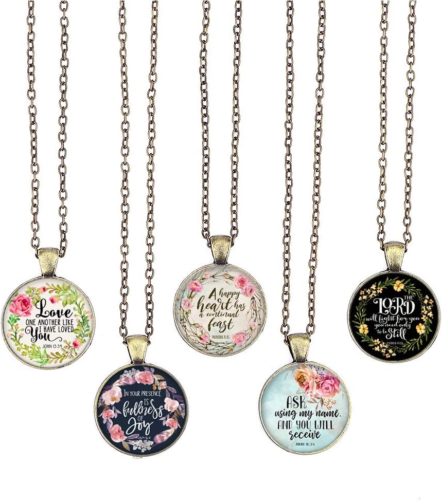 BUENAVOBible Verse Pendant Necklace Christian Songs and Hymns Glass Cabochon Pendant Inspired Necklace with 24 inches Chain Handmade for Gifts 5pcs