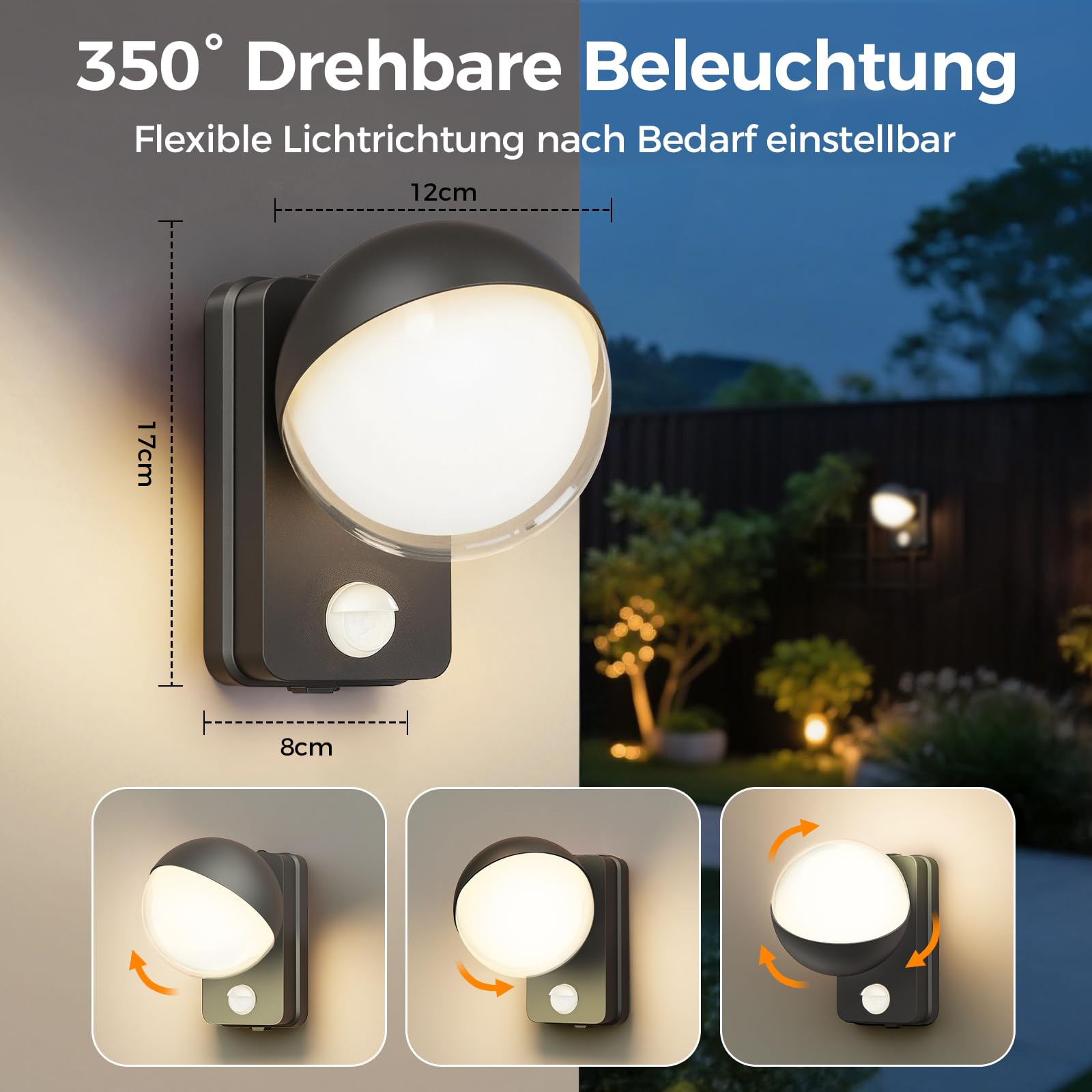18W Außenwandleuchte Außenlampe mit Bewegungsmelder, Warmweiß 3000K LED Aussenlampe mit Bewegungsmelder 350° schwenkbar Aussenlampe Wandleuchte Aussen für Balkon Garten IP65 Wasserdicht