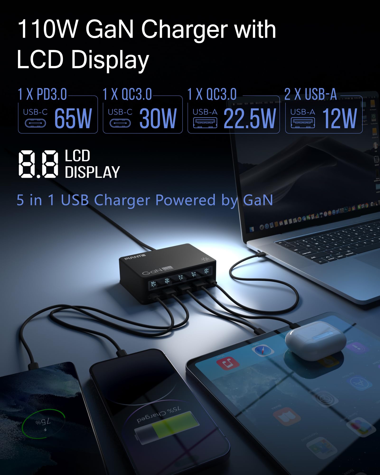 Manto USB C 110W Con Display - Multiusanza Compatibleewith MacBook/iPad - Dettaglio