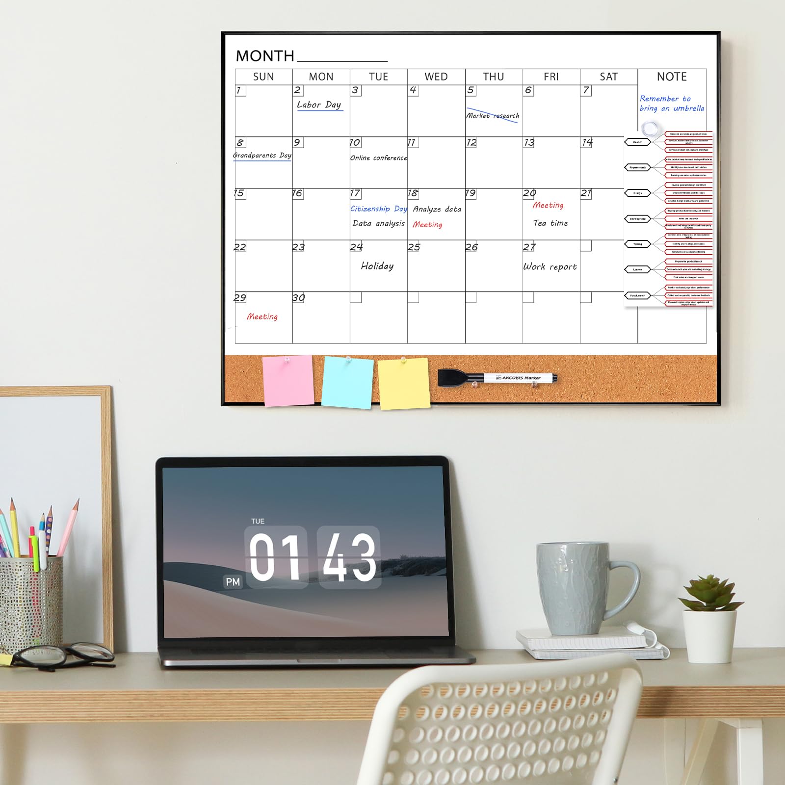 Whiteboard-Kalender & Korkboard-Kombination 60 x 45 cm Magnetisches Whiteboard mit Kalender Schwarzer Rahmen Monatsplaner