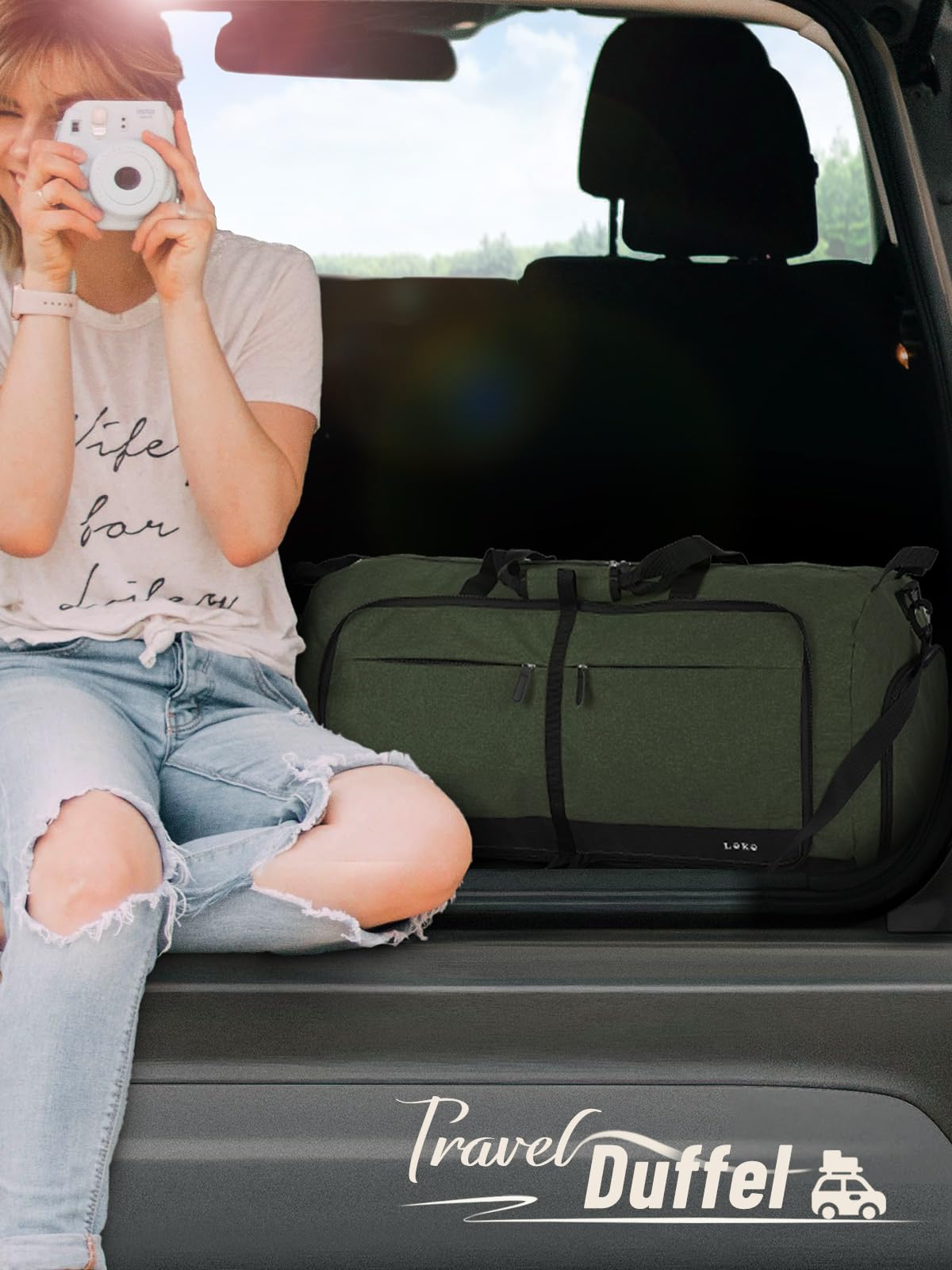 Lekesky Grande borsone da viaggio pieghevole, impermeabile, con scomparto per scarpe, borsa sportiva per il fine settimana, per donne e uomini, Verde, 80L, borsa da viaggio