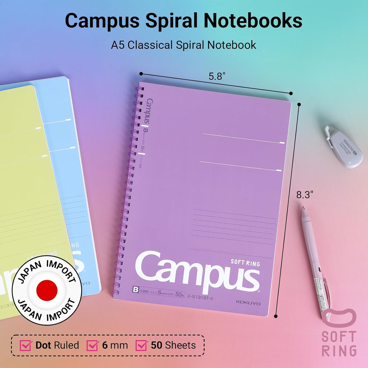 KOKUYO Spiral Lined Notebook, 5 Pack 8.3'' x 5.8'' Pastel Journal A5 Campus Soft Ring Notebooks with Dot 6 mm Ruled, 50 Sheets, 1 Subject Notebook, Note Taking for School (SU-S131BT) image 2